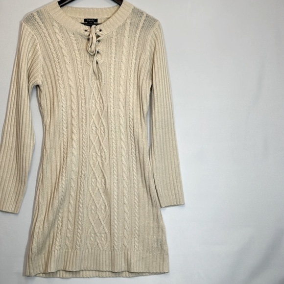 Phopsody Womens Sweater Dress Cable Knit Size M Cream Lace Up Tie Front Stretch - Picture 9 of 10